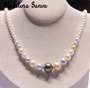 شراءMADALENA SARARA AAA 6-9 مللي متر المياه المالحة اللؤلؤ قلادة المرأة الفاخرة قلادة مجوهرات جنوب البحر اللؤلؤ أكويا تاهيتي اللؤلؤ 18