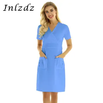 

Women Adults Medical Doctor Uniform Dress V-neck Short Sleeves Mock Wrap A-Line Dress Professional Hospital Nurse Scrub Lab Coat