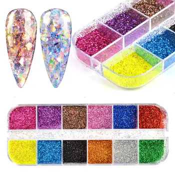 

WUF 12 Grid Holographic Design for Nail Glitter Flakes Mixed Hexagon Shine Sequins Nail Art Paillette Laser Manicure DIY Tips