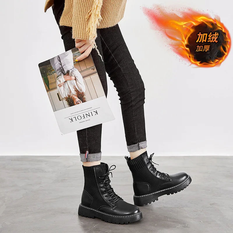 

Winter New Style plus Velvet Martin Boots Fly Woven Trend Hight-top Boots Workwear Big Head WOMEN'S Shoes