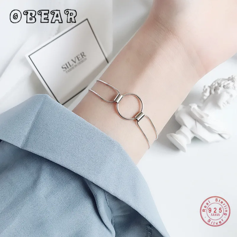 

OBEAR 100% 925 Sterling Silver Geometric Chain Circle Snake Bone Bracelets for Women Grils Korean Fashion Jewelry
