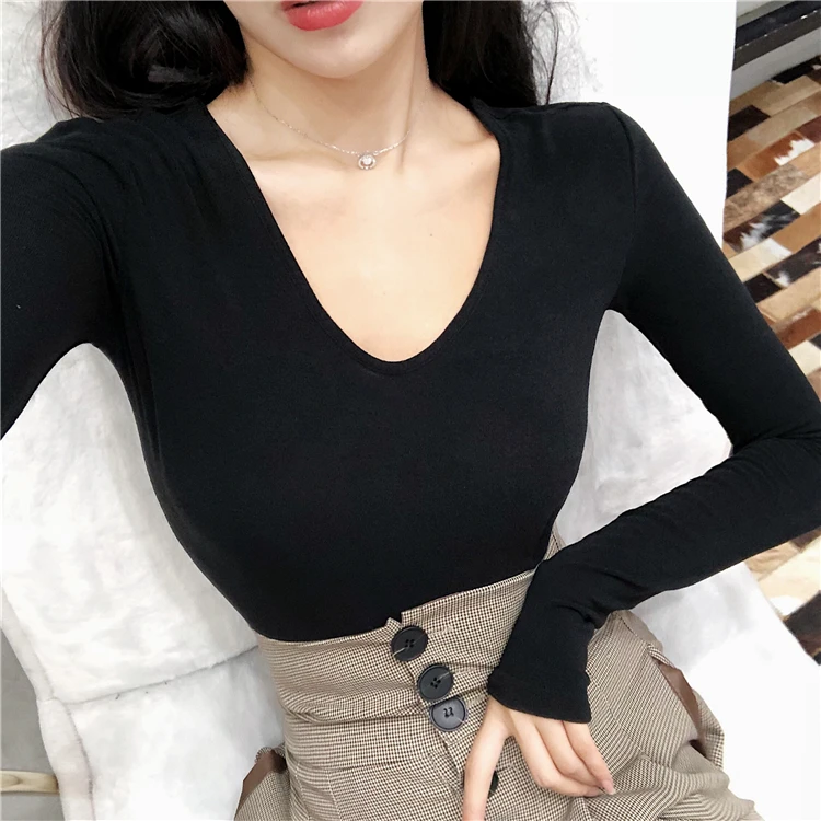 

New Girls Sheath Deep V-neck Slim Full Sleeve Soft Thin Simple T shirts Tops Ladies Solid Tees Shirts Tshirt For Women Autumn