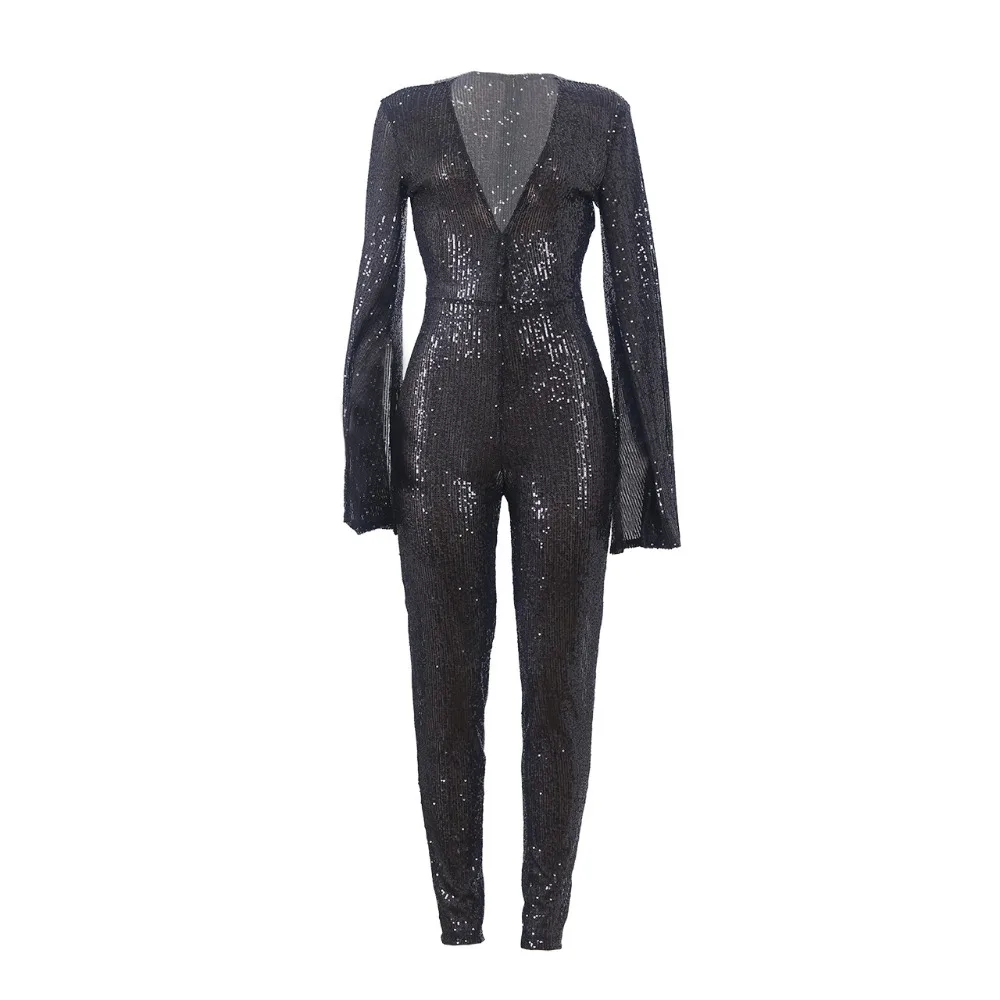 Yooneedi, осенний дизайн, сексуальные женские комбинезоны, 2 цвета, одноцветные, с блестками, v-образный вырез, с расклешенными рукавами, женские комбинезоны NK079