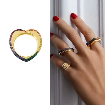 

Rainbow Zircon 925 Sterling Silver Love Heart Finger Ring Yellow Gold Blingbling Heart Ring Fun Women Party Wedding Jewelry