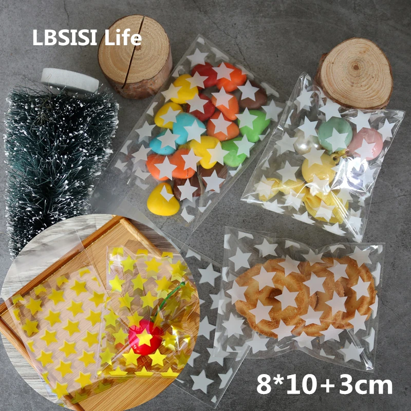 Lbssisi Life 100 шт. прозрачная Золотая Звезда 8*10 + 3 см самоклеющаяся пищевая упаковка