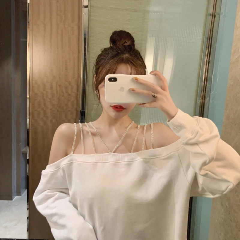 Autumn Women's Gothic Sexy Exposed Shoulder Bright Drill Shoulder Belt Black Pullover Streetwear Long Sleeve Loose Sweatshirt