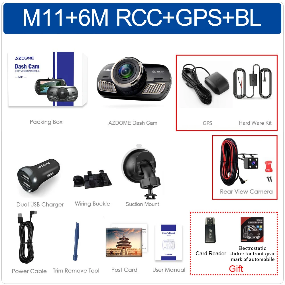 AZDOME M11 Dash Cam 3 дюймов 2.5D ips экран Full HD1080P Автомобильная камера DVR двойной объектив ночного видения 24H монитор парковки Dashcam gps - Название цвета: M11-6M RCC-GPS-BL