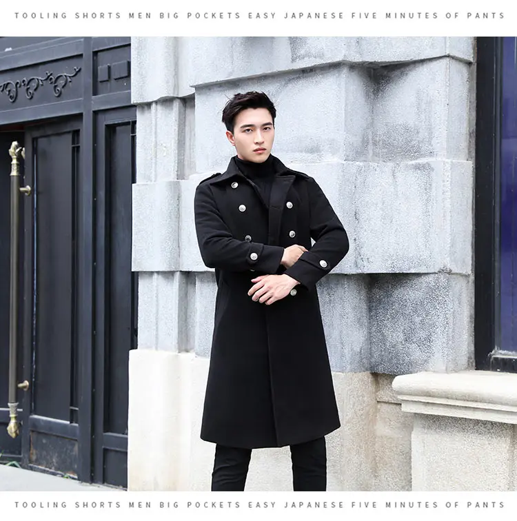 Осень-зима, модная военная форма, длинный черный Тренч, мужское модное двубортное шерстяное пальто с карманами