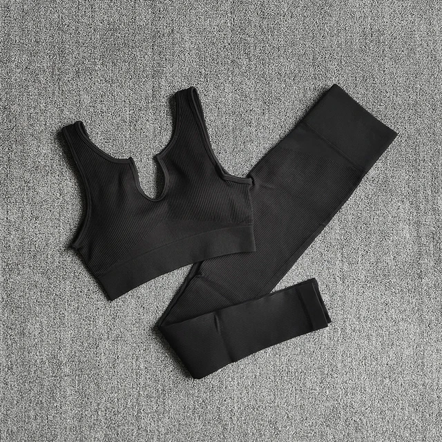 2/4/6PCS Seamless Women Yoga Set Workout Sportswear Fitness Bra Sport Pants Gym Clothing High Waist Leggings Shorts Sports Suits VBraPantsBlack