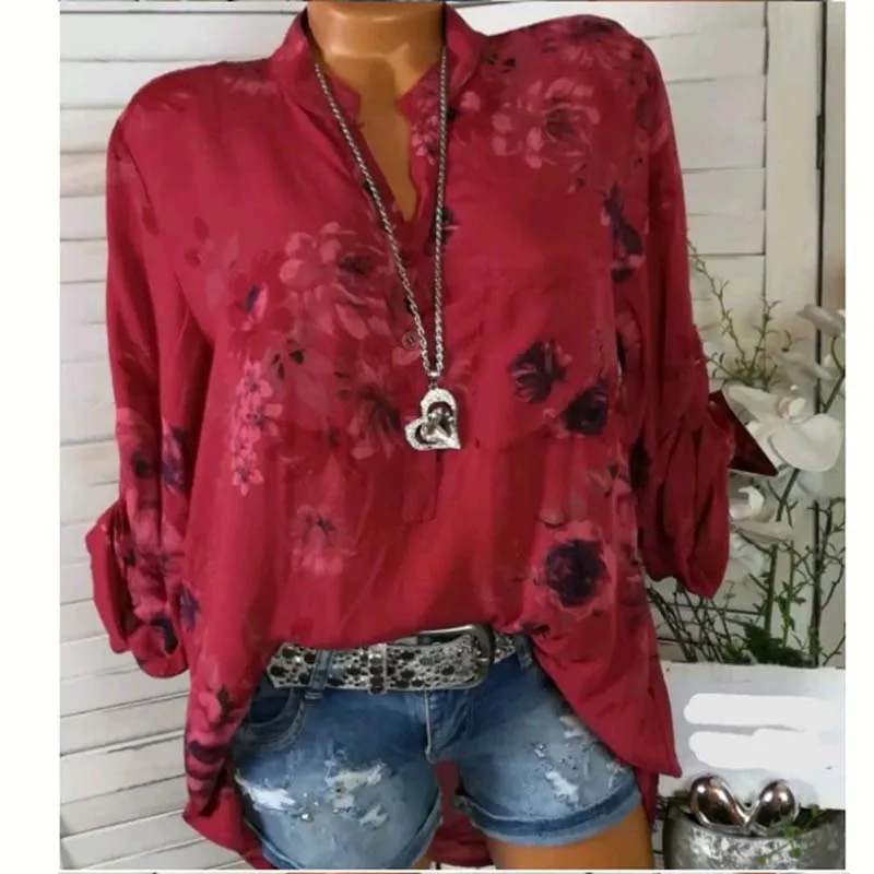 Женские блузки цветочный принт длинный рукав отложной воротник женская блузка Рубашки цветок туника плюс размер рубашки женские топы