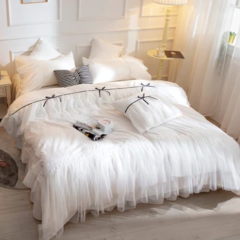 

Snow White Princess Bedding Set King Queen Size Luxury 4pcs Ruffles Duvet cover Set Bedspread Bed Skirt Pillowcases 100% Cotton
