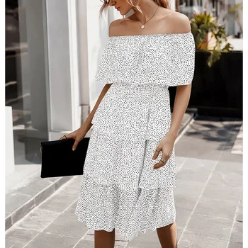 

Women Boho Style One-Shoulder Short Sleeve Beach Polka Dot Party Cake Dress