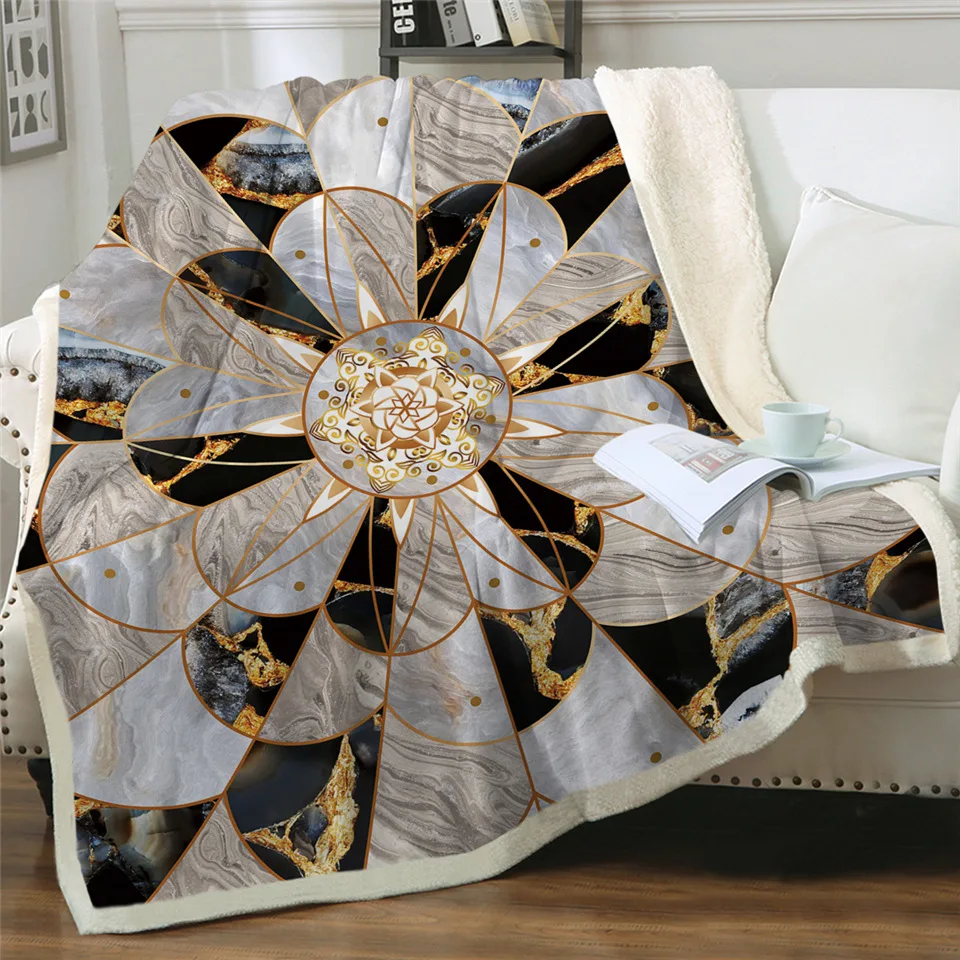 Постельные принадлежности Outlet шерпа Флисовое одеяло Золотой Мрамор кровать одеяло роскошный 3D мягкий пушистый Бохо плед с рисунком мандалы цветок плюшевое покрывало