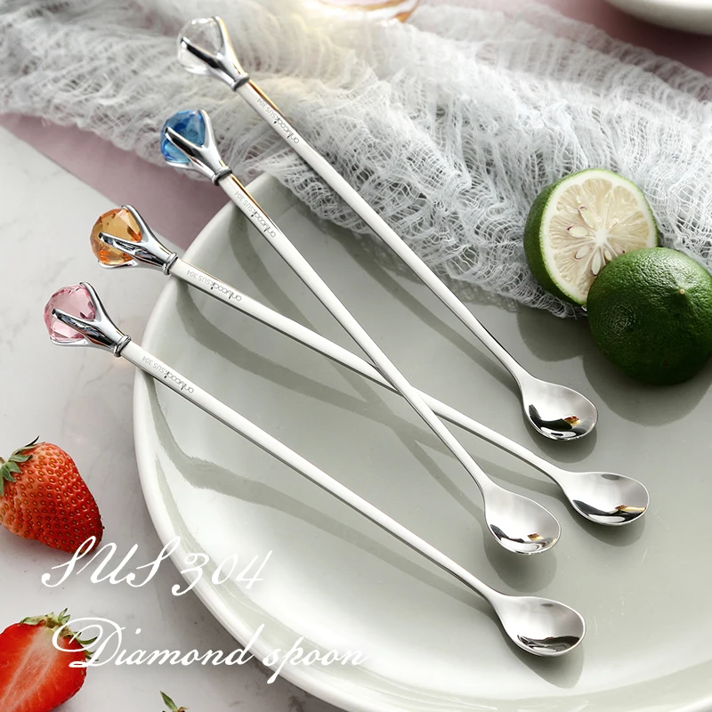 

4PCs Diamond Coffee Spoon With Crystal 304 Stainless Steel Seasoning Ice Cream Milk Sugar Dessert Tea Honey Soup Stirring Scoop