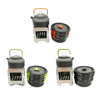 

Outdoor Hiking Camping Set Pot Teapot Wood Stove Combination Outdoor Cooking Utensils with Wood Stove
