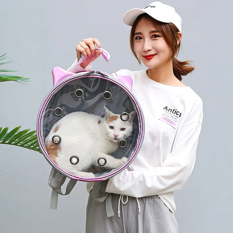 Новое поступление, уличная сумка для кошек, прозрачная сумка-переноска для собак, круглая сумка с кошачьими ушками, дорожная сумка, розовая, фиолетовая, 35x35 см
