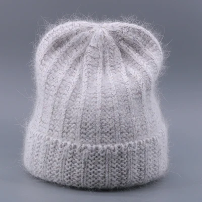 Зимняя вязаная женская шапка Skullies, винтажная яркая шелковая шапка с кроличьим мехом, шапка с помпоном из натурального Лисьего меха, теплые лыжные шапки Gorro для девочек - Цвет: Gray