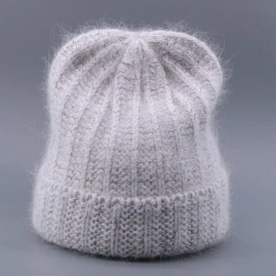 Зимняя вязаная шапка Skullies для женщин, винтажная яркая шелковая женская шапка с кроличьим мехом, теплые женские шапки Gorro, Лыжные шапки для девочек, новинка - Цвет: Gray