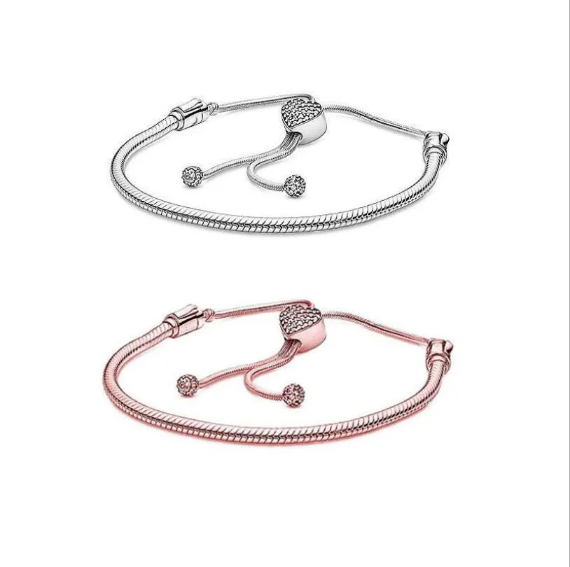 

925 Sterling Silver Moments Heart Clasp Star Snake Chain Slider pan Bracelet Woman Jewelry Gift