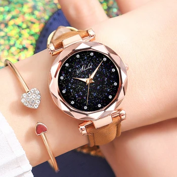 

Gold Fashion Women's Watch 12 crystal Diamond Date Lady's Wrist Watch Top Luxury Brand Clock Girl Hours Small Leather Relogio