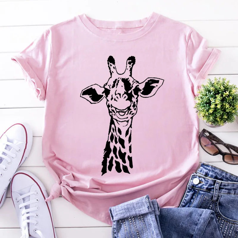 Giraffe Print Pink Woman Tshirts Women's Summer Harajuku Fun Cute Animal Pattern T Shirt Women Tops Casual Short Sleeve T-shirt