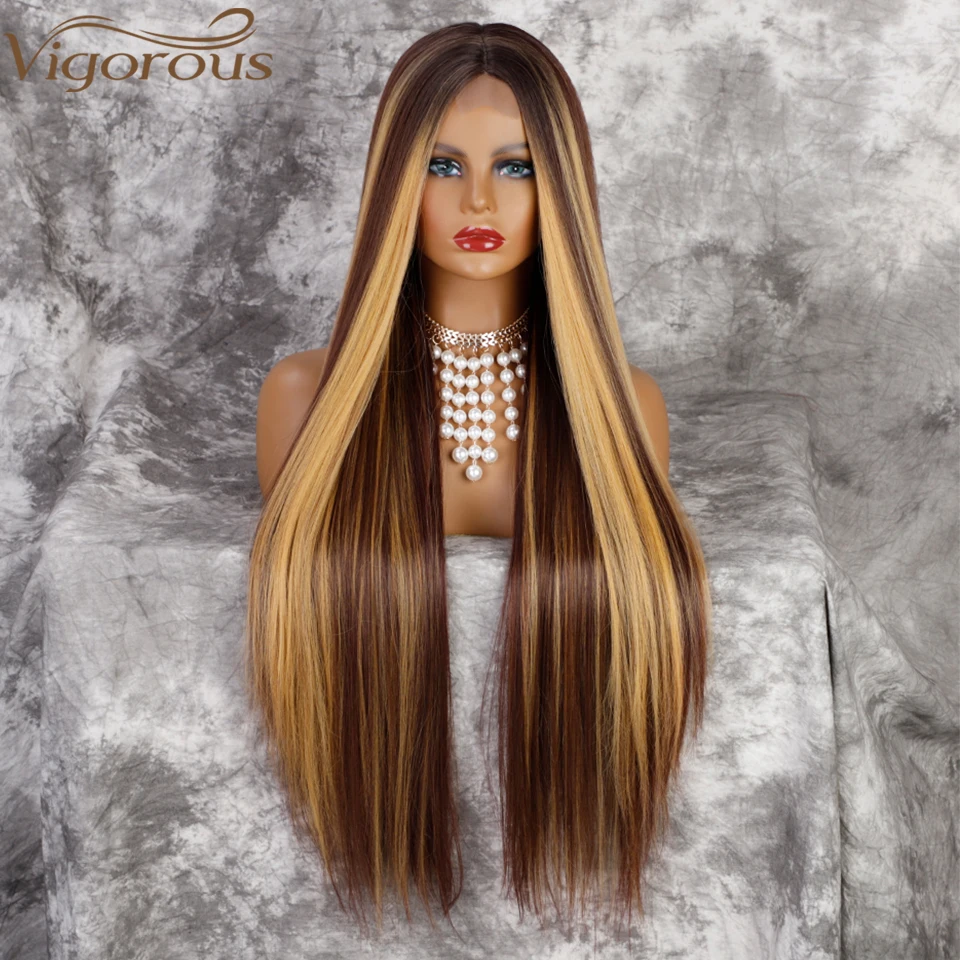 Vigorous-Peluca de cabello sintético para mujer, cabellera artificial larga y Lisa, Color marrón, Rubio mezclado, Natural, reflejos de la parte media, Color negro y marrón