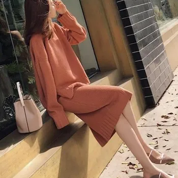 

Fashion Autumn New Women Set Long Knit Two-Piece Bag Hip Round Neck Sweater Suit +Solid Color Skirt Slim Autumn Winter Set
