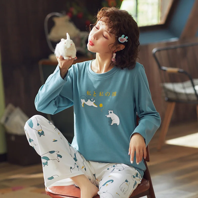 

2020Spring Autumn Pullover Casual Clothing Women Cotton Cute Pajamas Set Sweet Girls Sleepwear Suit Long Sleeve Youth Loungewear