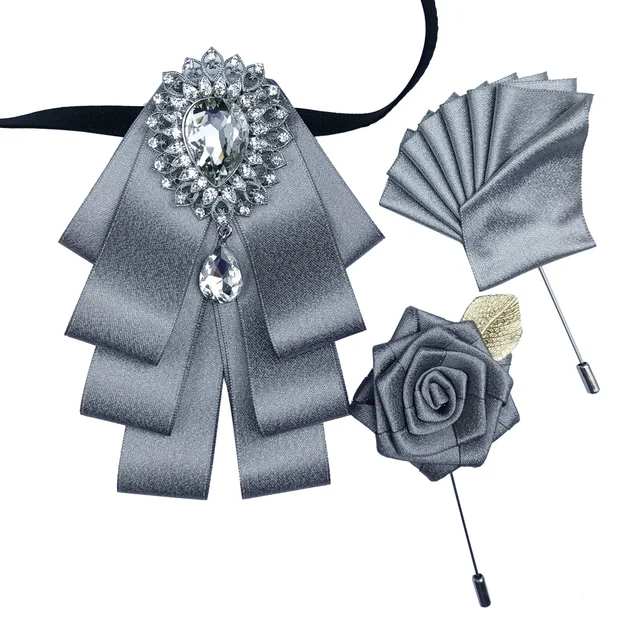 British New Fashion Men's Wedding Performance Groom Wedding-Party Flower Collar Bow Tie Pocket Towel Square Set Men Accessories SilverGraySet-WHITE2