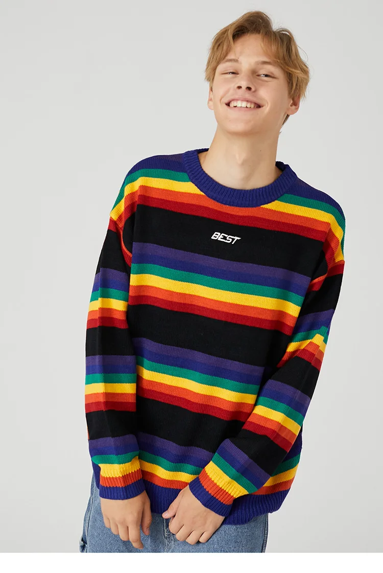 2021 New Harajuku Retro Rainbow Knitted Striped Sweater Mens Hip Hop Sweater Streetwear Men Fashion Autumn Sweater Cotton men's hooded sweaters