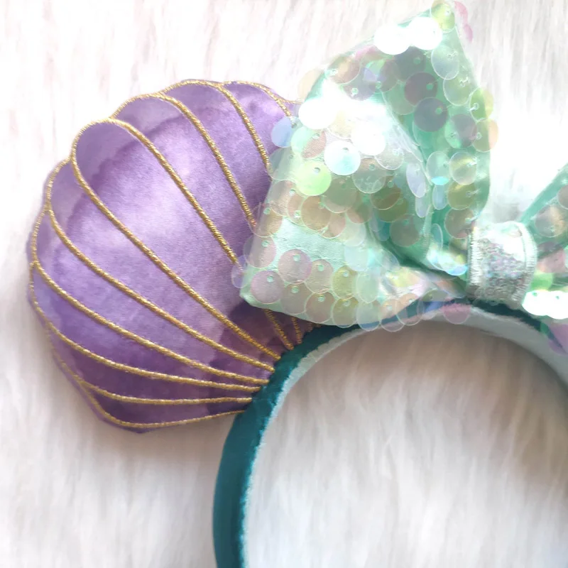 Disney Mickey Mouse Mermaid Ariel Headband Disneyland Minnie Ears Sequins Purple Headwear Children Boy Girl Beauty Toys Gift