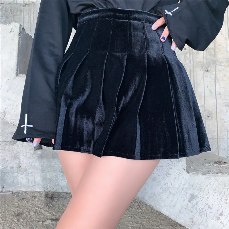 Японская темная бархатная юбка женская готическая Панк Высокая талия плиссированная юбка Jk Harajuku уличная гранж модная черная Женская юбка