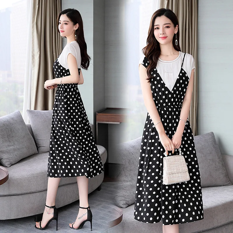 

Dress Women's 2019 Summer Crew Neck Fashion Comfortable Polka Dot Ladies' Slim Fit Slimming Short Sleeve Mid-length