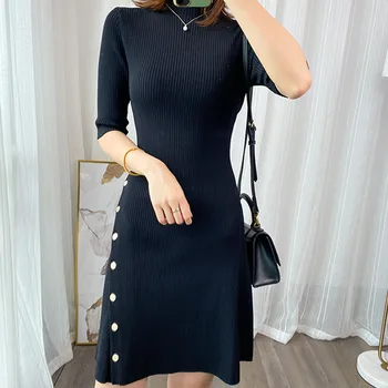 

Women's Side Slit Knitted Dress A-line O-neck Short Sleeve Black Early Autumn Lady Knit Mini Dresses 2020 New