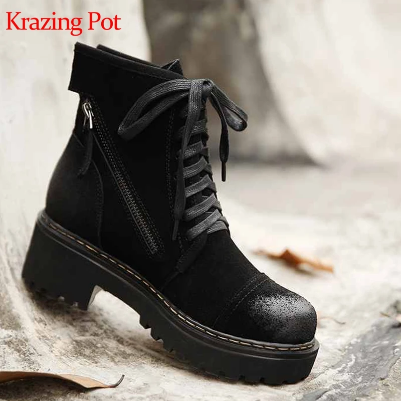 

krazing pot 2020 cow suede round toe cross-tied punk rock singer design waterproof med heel brand shoes zipper ankle boots l8f1