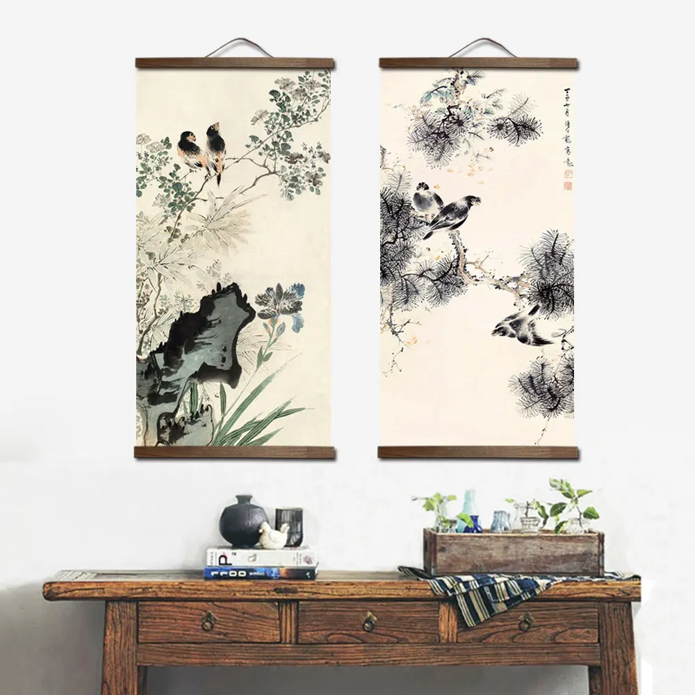 Chinese Traditional style flower animal canvas home decoration for living bedroom wall art picture poster wood scroll paintings 2