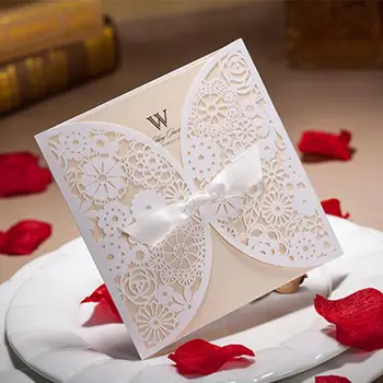 

50 Pcs Wedding Invitations Wedding Invitation Card Hollow Lace Bow Ribbon Personalized Wedding Decoration Party Supplies