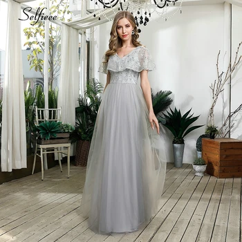 

Elegant Grey Women Dress A-Line Ruffles Cloak Sleeve V-Neck Sequined Tulle Maxi Dress Sparkle Formal Party Dress Vestidos 2020