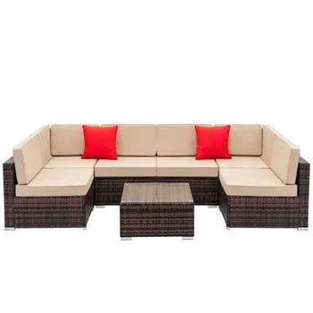 

Fully Equipped Weaving Rattan Sofa Set with 2pcs Corner Sofas & 4pcs Single Sofas & 1 pcs Coffee Table Black Embossed - Woven Ra