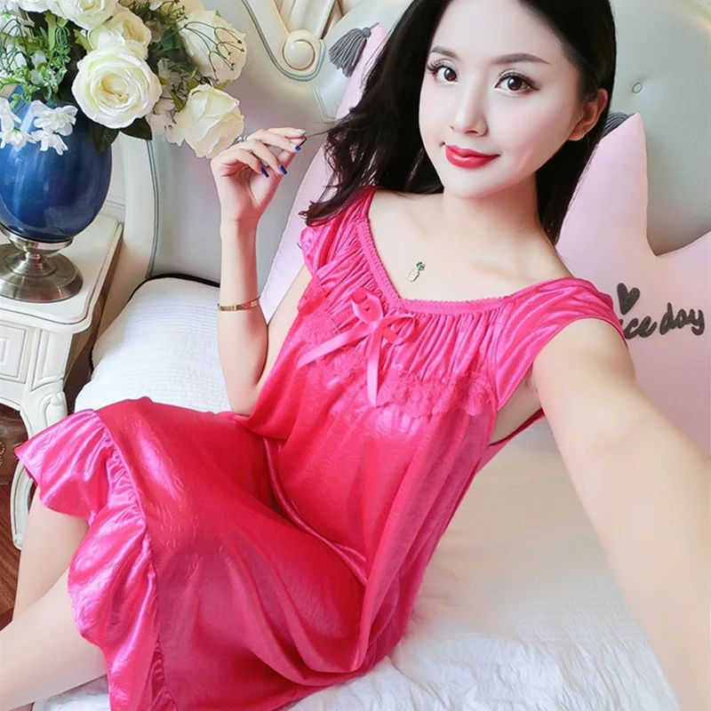 

Nightgown Female Summer Sexy Viscose New Style Short Sleeve Loose-Fit Plus-sized Pregnant Women Sexy Cute Lace Real Silk Home We