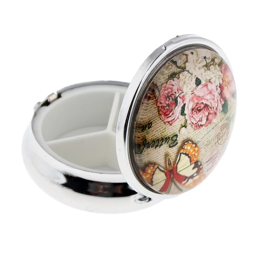 Round Floral Pill Storage Case Travel Portable Box for Makeup Eyeshadow Blusher Nail Art Glitters with 3 Compartments