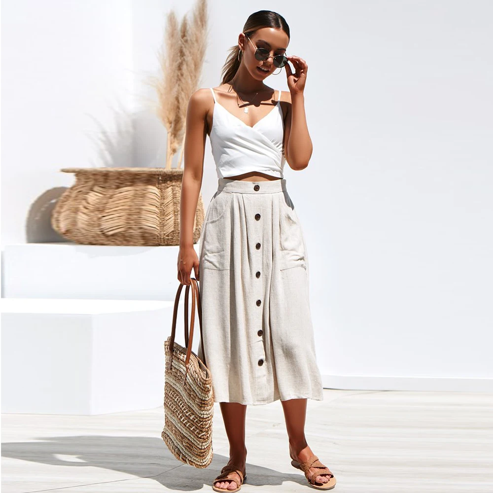

Vintage Women Skirts Solid A-Line High Waist Button Pockets Maxi Skirt Apricot Loose Mid-calf Ladies Casual Summer Skirt D30