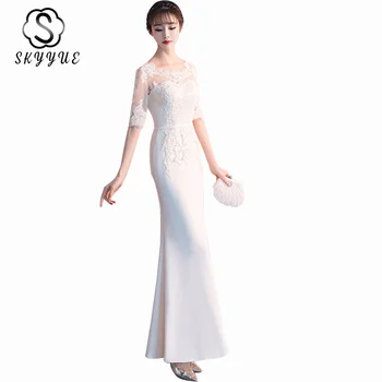 

White Evening Gowns Skyyue ER513 Elegant Ankle Length Mermaid Robe De Soiree Long 2020 Lace Embroidery Zipper Evening Dress