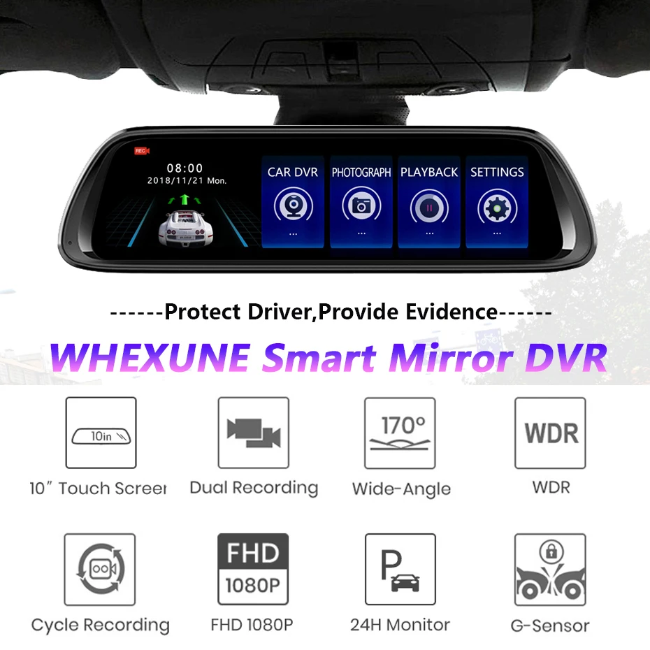WHEXUNE Full HD 1080P 1" ips Автомобильный видеорегистратор с сенсорным экраном поток зеркало заднего вида тире камера с двумя объективами ночного видения парковочный монитор WDR