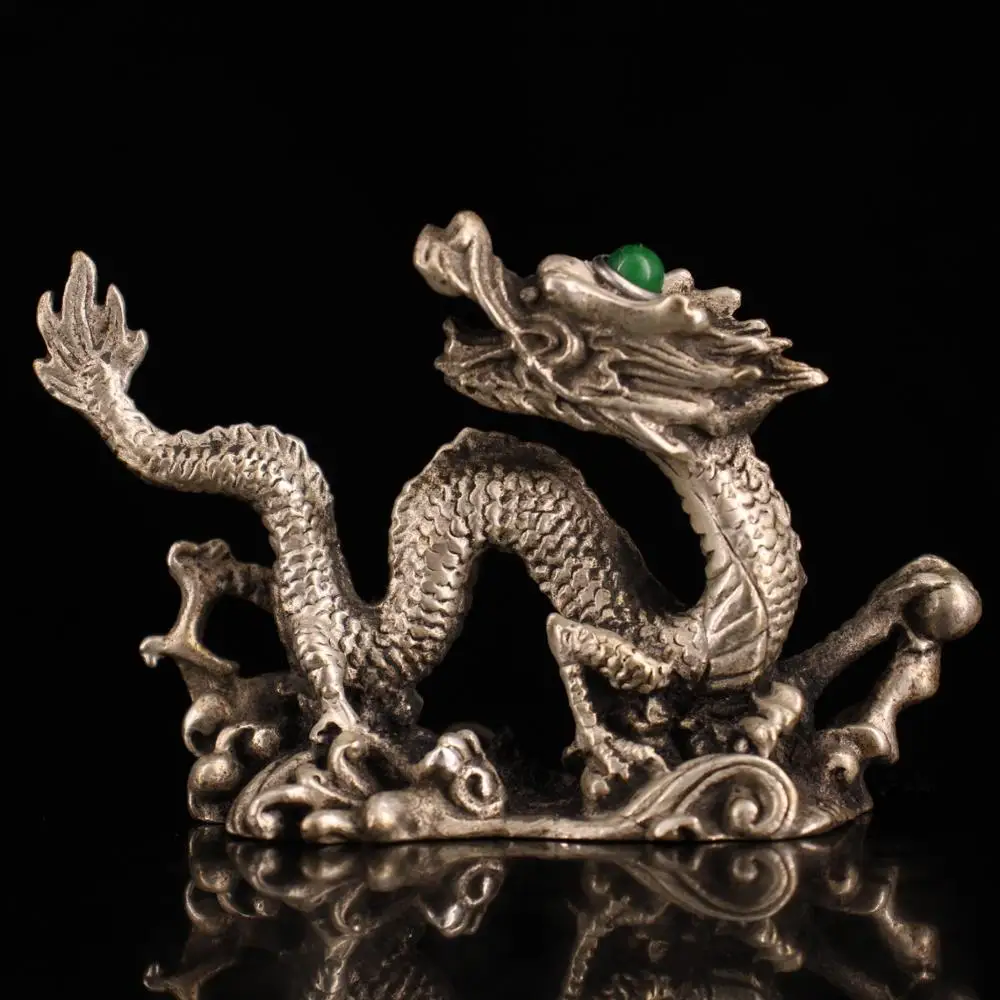 

Home Decor 3" Tibet Buddhism Temple bronze Gilt silver Inlaid gems Chinese dragon statue Panlong Long Xizhu Pendant
