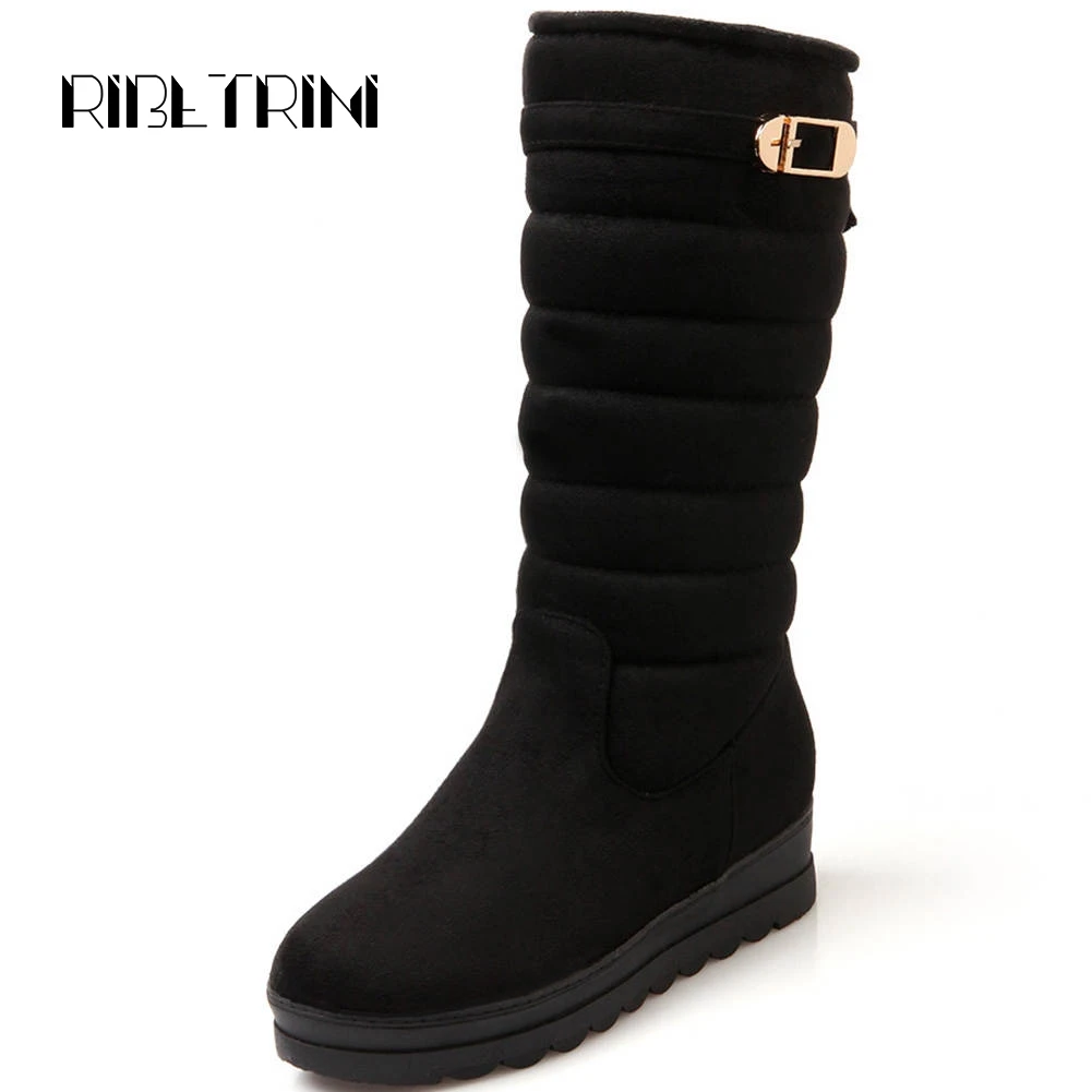 

RIBETRINI Winter Thermal Fur Boots Women Hidden Wedge Heels Thick Platform Shoes Woman Slip On Buckle Snow Boots Big Size 33-42