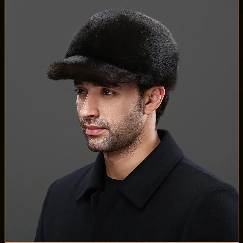 Горячая Новая модная шапка из натурального меха норки теплая осенняя и зимняя модная Роскошная бейсболка Мужская теплая шапка - Цвет: Dark brown