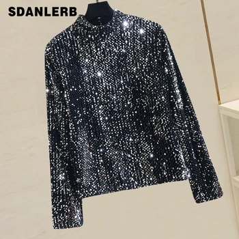 

Sequin Tshirt Woman Spring Autumn Pullover Jacket Women's Sequined Half Turtle-Neck Long-Sleeve T-shirt T Shirts Tops Female