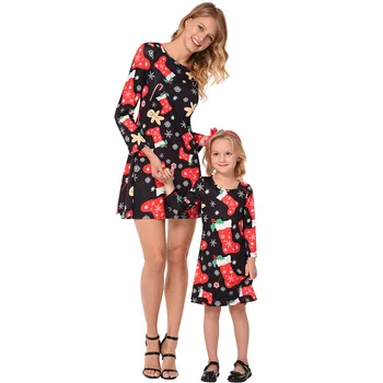 

Family Christmas Clothes Mom Daughter Dress Women Girls Christmas Tree Print Dresses Kids Mommy Matching Clothing costumes
