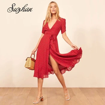 

Suzhan Deep V-Neck Polka Dot Dress Women 2019 Summer Casual High Waist Mid-Calf Dress Elegant Satin Wrap Sashes Dress Vestidos